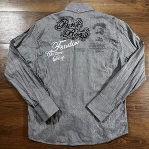 FENDER Shirt Mens Large Black White Micro Striped Punk Rock Patches Button Down